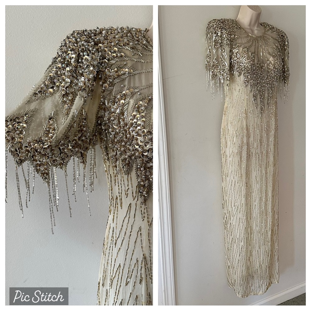 Oleg Cassini Ivory and Gold Beaded Maxi Dress